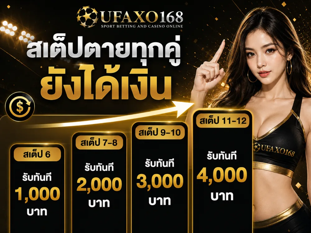 ภาพโปรโมชั่นของ UFAXO168 มีข้อความในภาพว่า สเต็ปตายทุกคู่ ยังได้เงิน พร้อมป้ายระดับโบนัส สเต็ป 6 รับทันที 1,000 บาท สเต็ป 7-8 รับ 2,000 บาท สเต็ป 9-10 รับ 3,000 บาท และสเต็ป 11-12 รับ 4,000 บาท